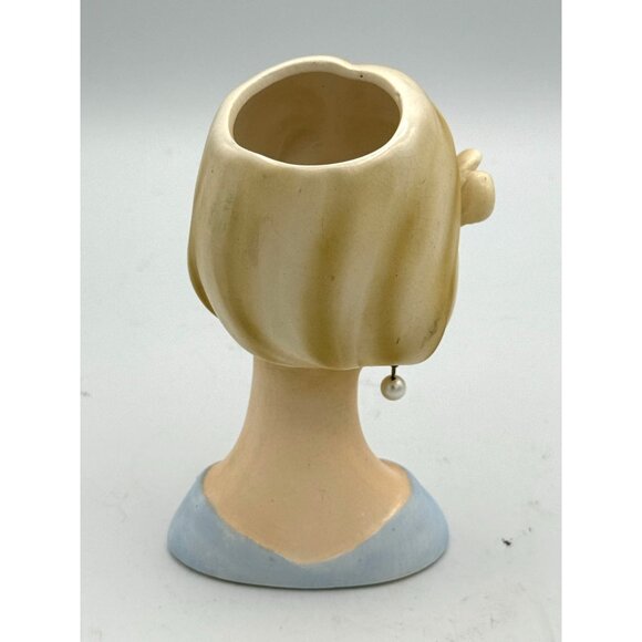 Enesco 4.5  " Lady Head Vase Blue Dress Blonde With Flower VTG Long Lashes As Is - Picture 6 of 8